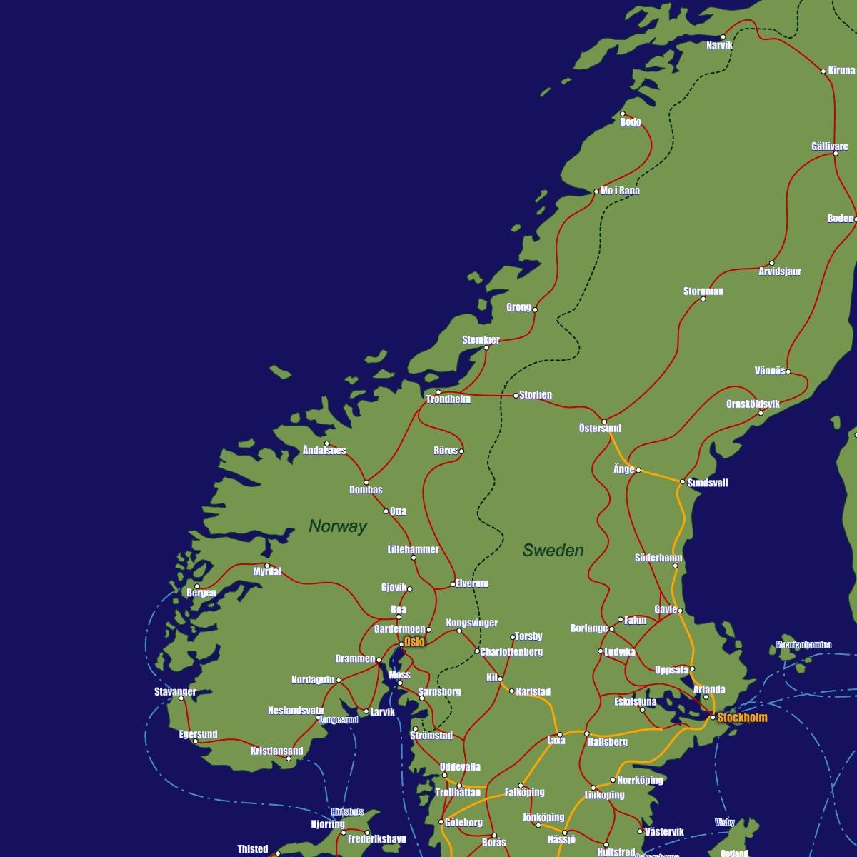Kaart van Noorwegen trein routes