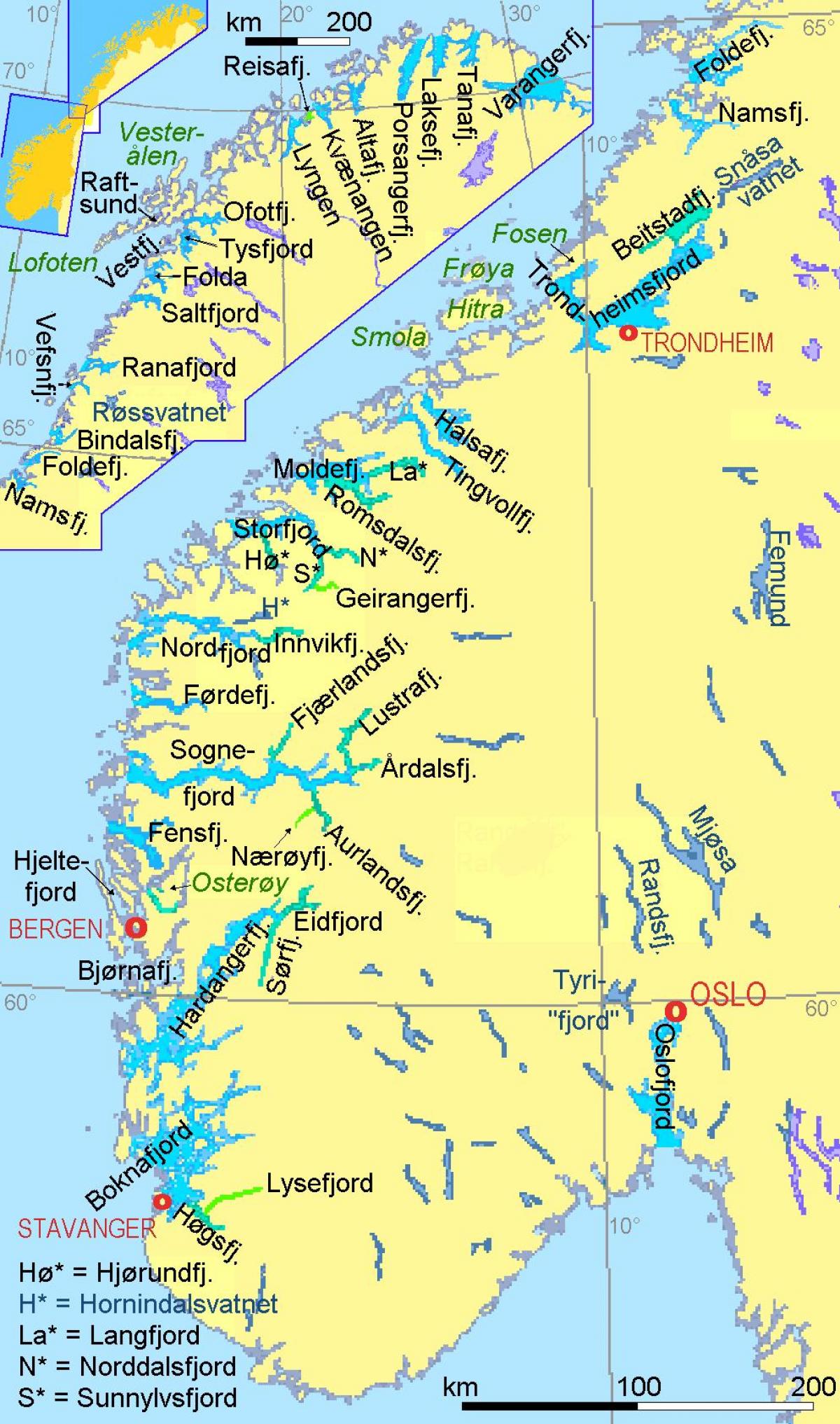 kaart van Noorwegen fjorden tonen