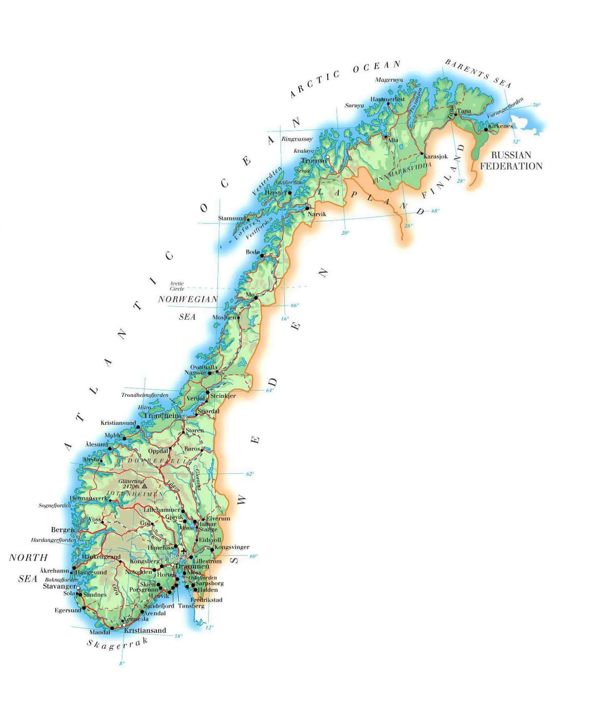 Kaart van Noorwegen hoogte