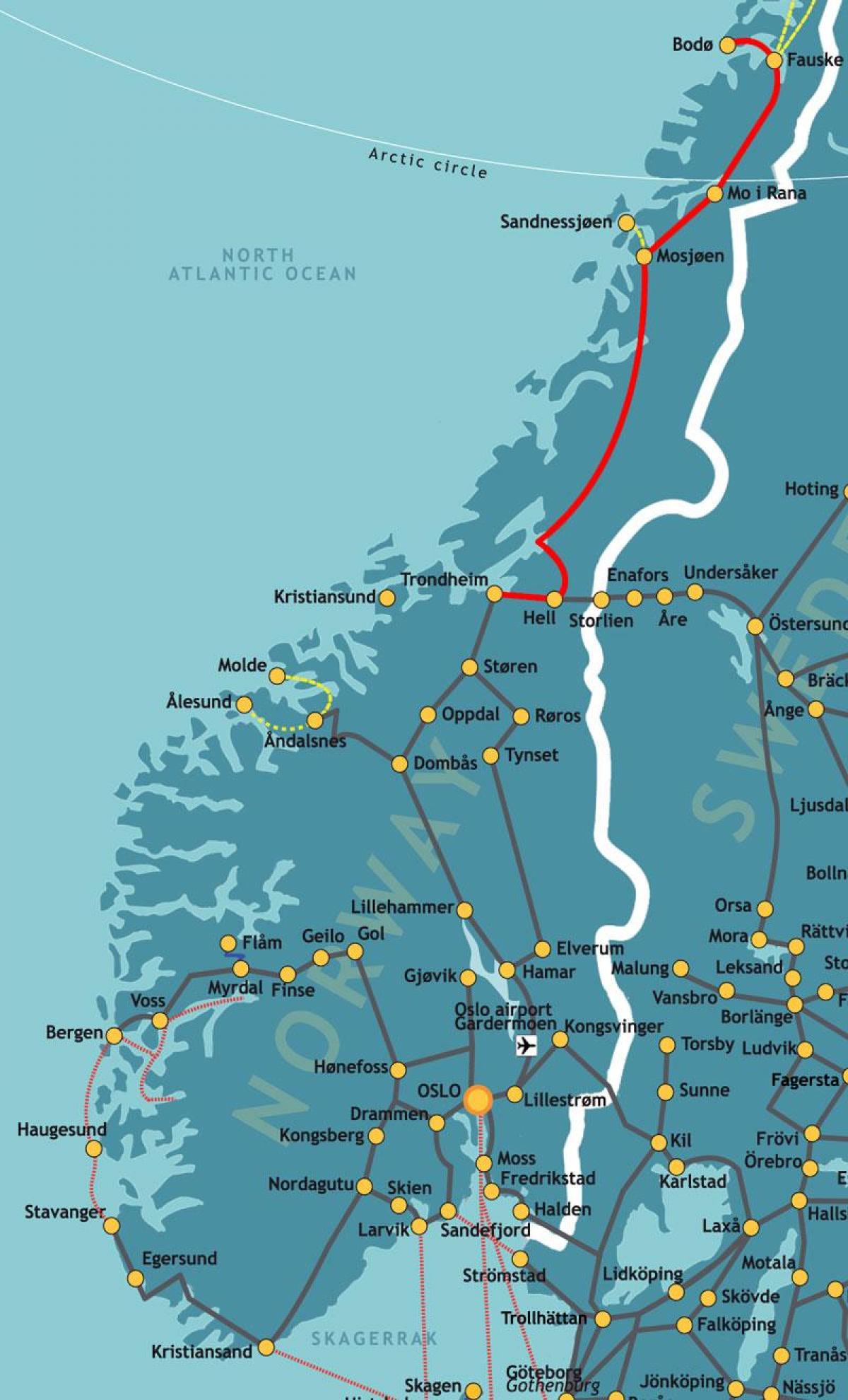 Kaart van Noorwegen northern railway
