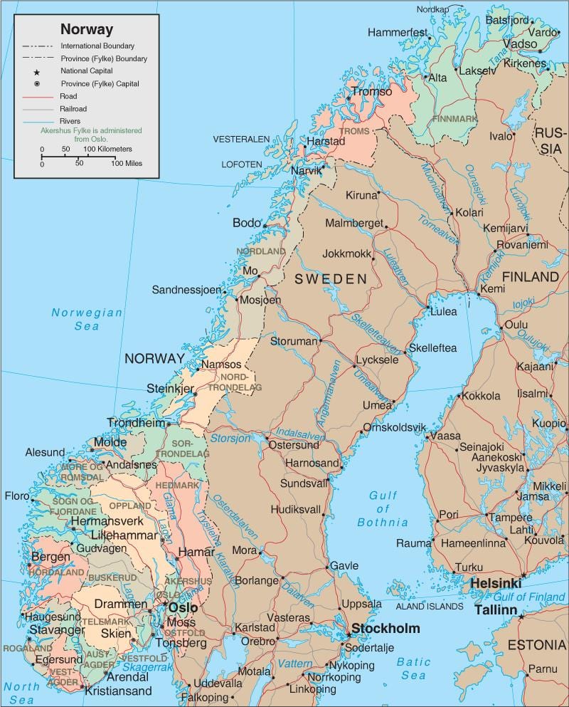 Kaart van Noorwegen watervallen
