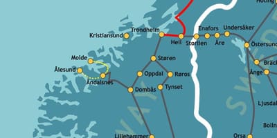 Kaart van Noorwegen northern railway