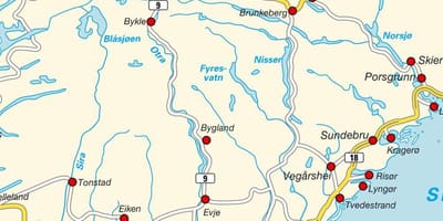 Kaart van zuid-Noorwegen